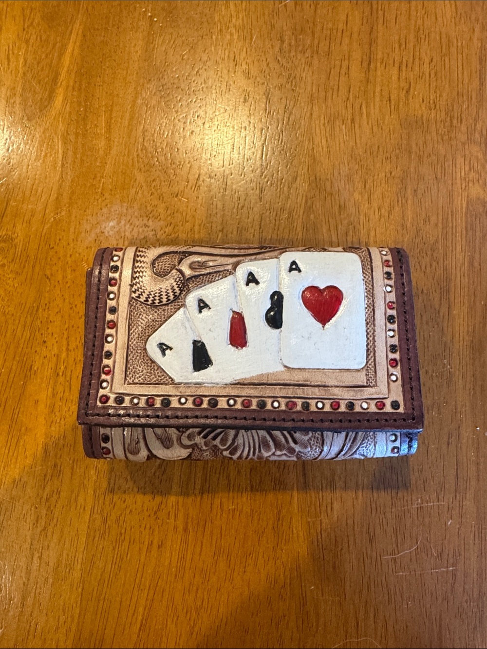 Leather Card Holder Wallet with Playing Card Design - Brown & Red Accents